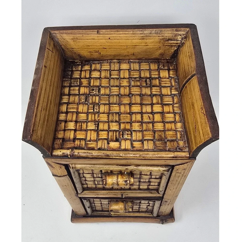 Vtg Rattan mini chest two drawer storage bamboo boho organizer costal tiki decor